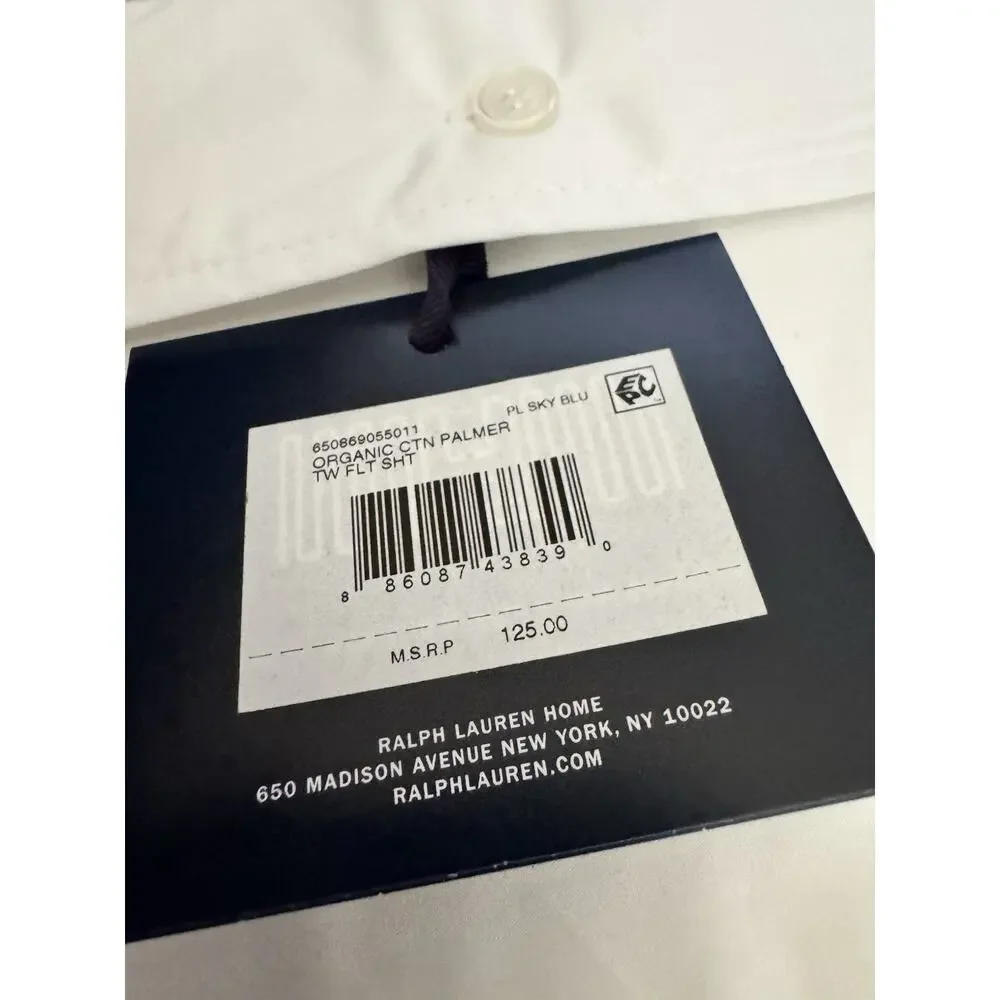 NWT Ralph Lauren Palmer Twin Flat Sheet White & Sky Blue Organic Cotton Percale